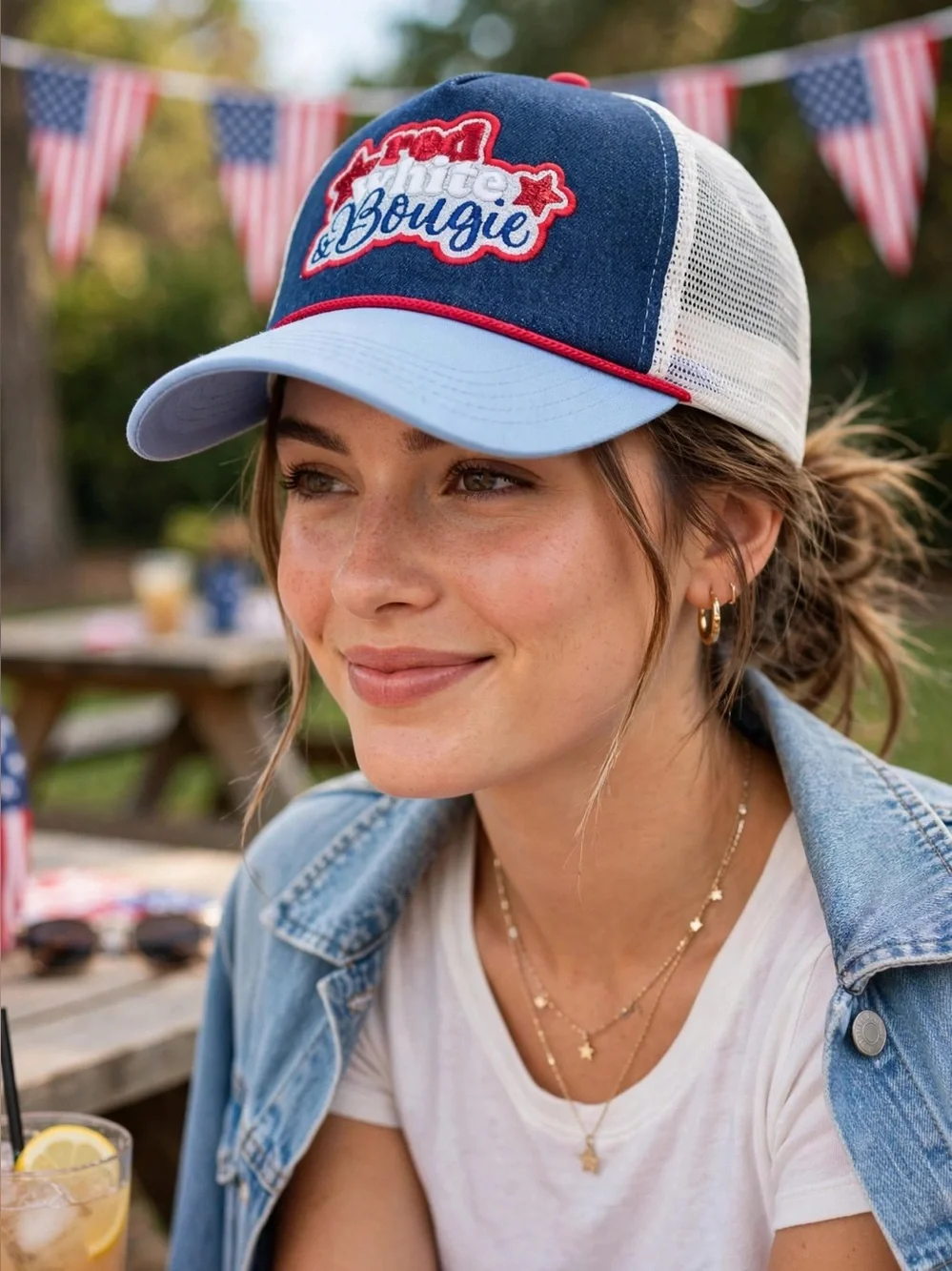 Blue & Light Blue Trucker Hat with 'Red White & Bougie' Patch